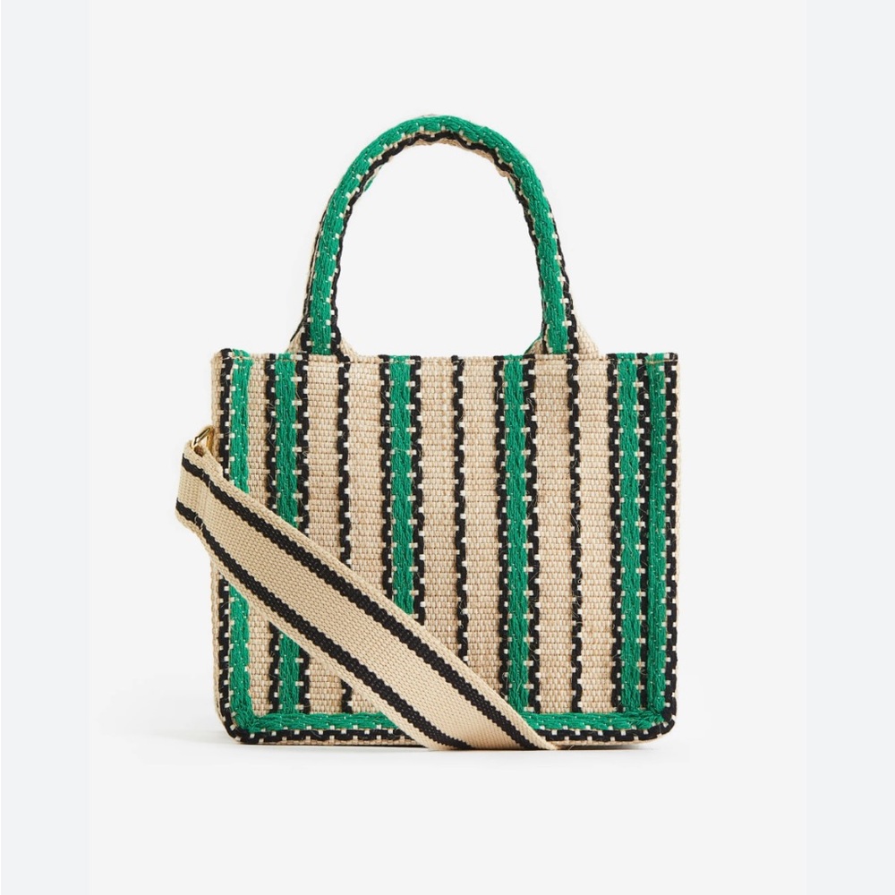 H&M Jute Mini Green and Black Structured Tote Bag